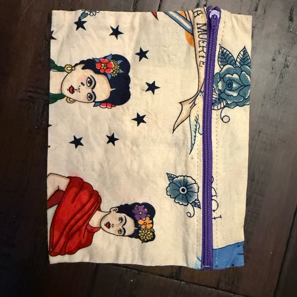 Frida Kahlo Floral Art Print Pouch with Purple Zipper